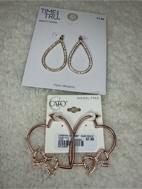 CATO Rose Gold Heart Hoop Earrings with Rhinestone Bow Accents